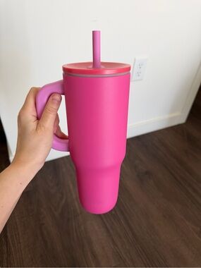 Insulated Pink Travel Tumbler with Handle and Straw